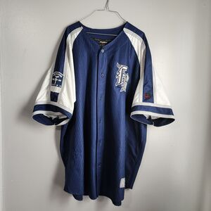 Vintage FUBU Pinstriped Baseball Jersey Embroidered Logo Blue White Mens 3XL